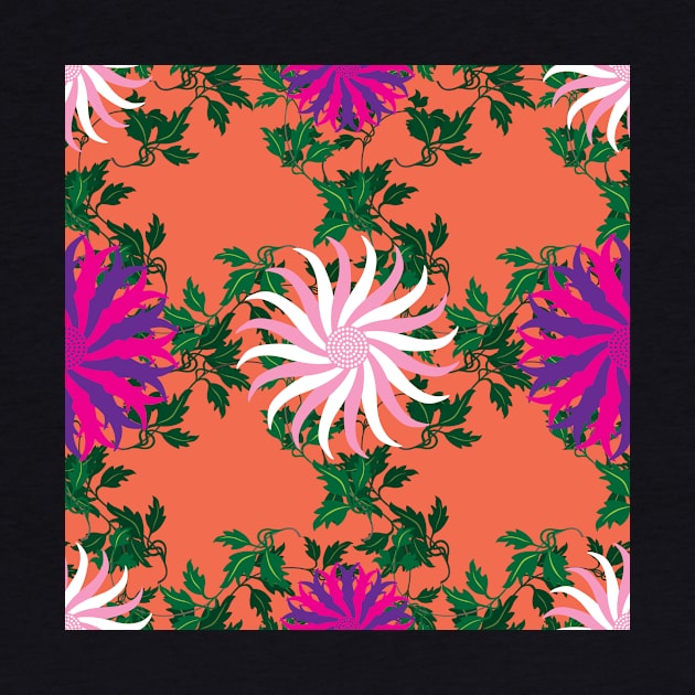 White, Pink, Cerise and Purple Flowers on a Vine Leaves and Orange background by sleepingdogprod